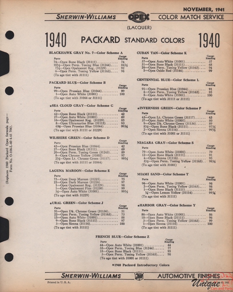 1940 Packard Paint Charts Williams 3